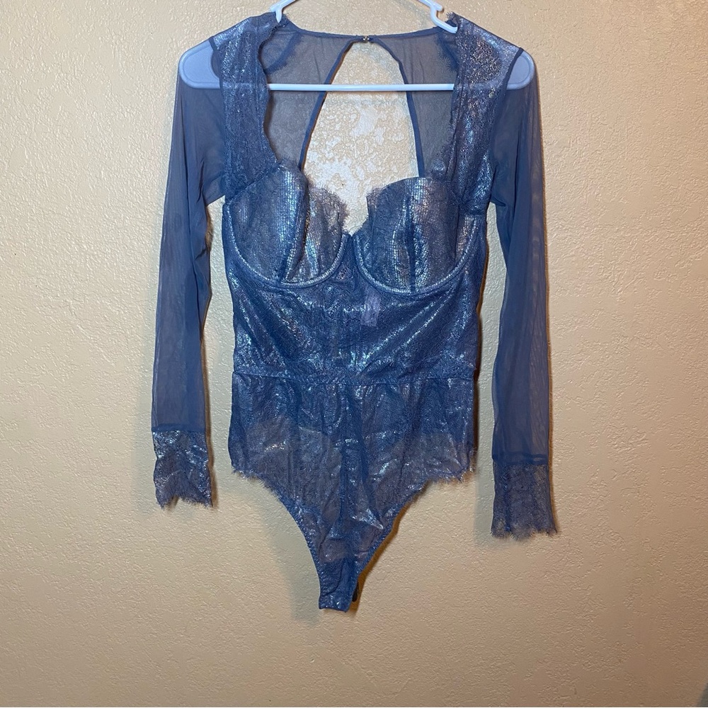 Victoria's Secret gray mesh silver lace long sleeve thong bodysuit lingerie 36C